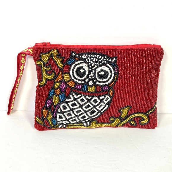 Handbags - Owl Beaded Wristlet Small Bag Purse Zipper Closure Lined 7x5 Inches Colorful
